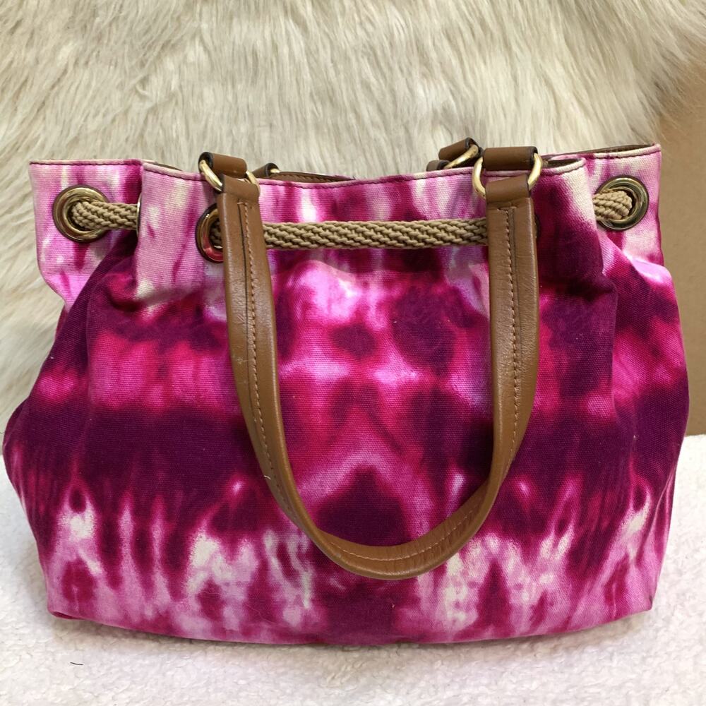 MICHAEL KORS MARINA Large Gathered Pink Tie-Dyed Canvas Drawstring Tassel Tote - Picture 12 of 15